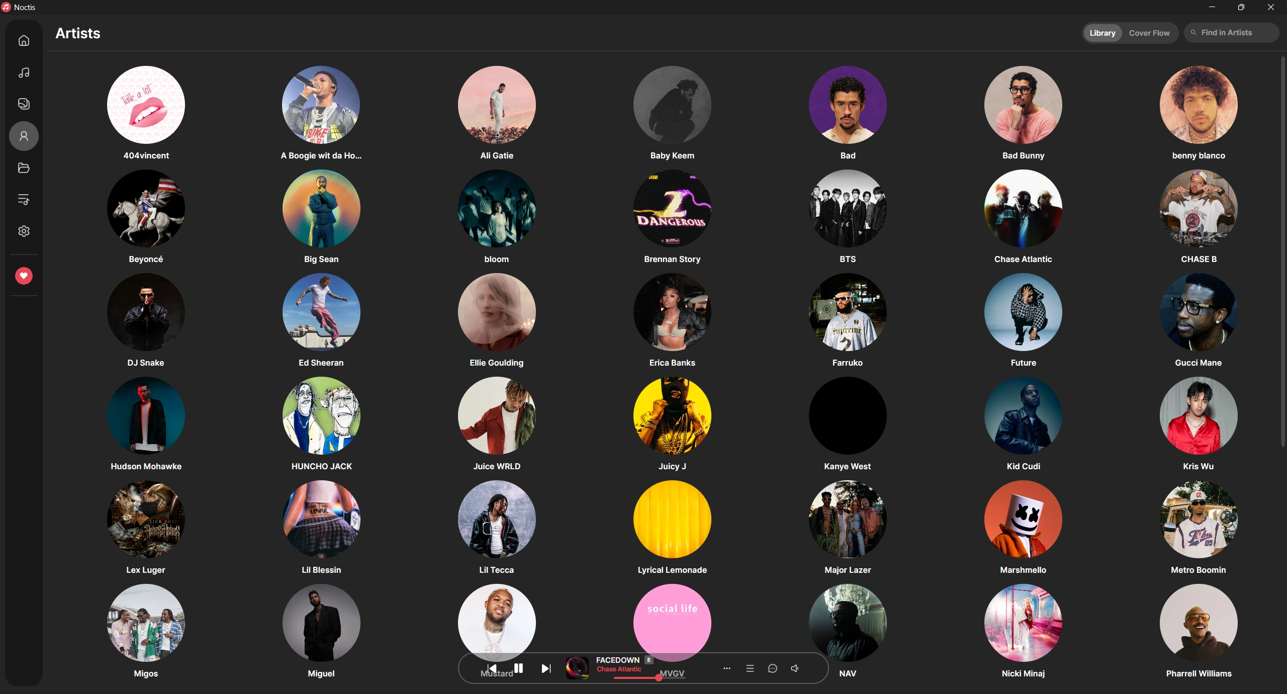 Noctis Artists view: a grid of circular artist avatars.