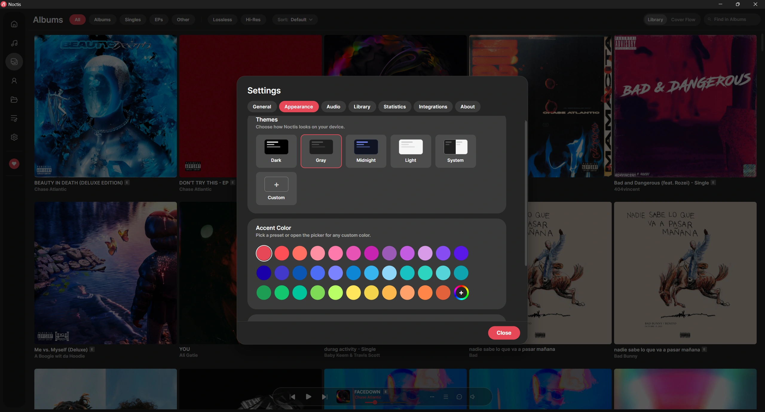 Noctis appearance settings: theme presets and a large accent-color palette.